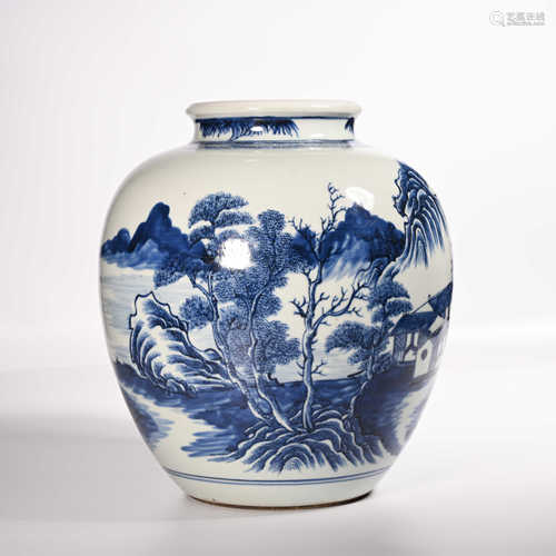 Blue and white vase with landscape pattern