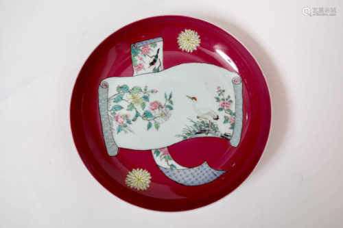 Seasonal red glaze famille rose flower and bird pattern plate