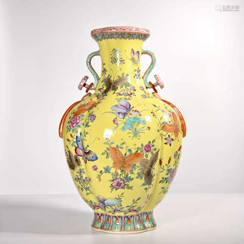 Double eared vase with butterfly pattern and famille rose on yellow background