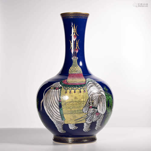 Appreciation bottle with blue glaze, famille rose and elephant pattern