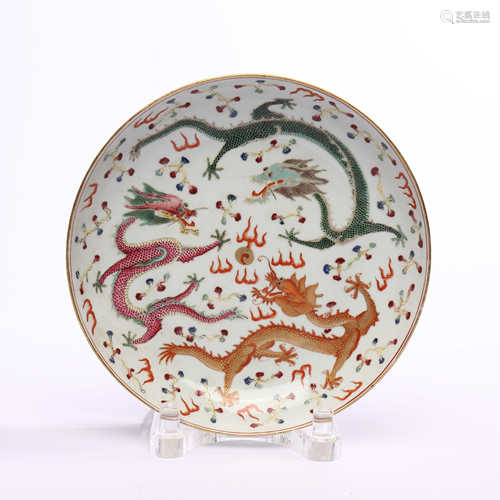 Official porcelain plate with two dragons playing with pearls