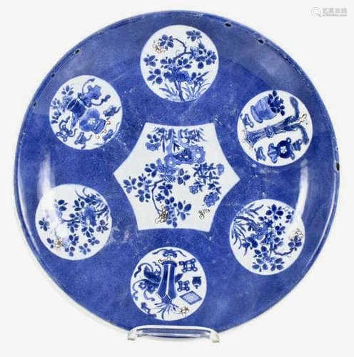 Blue and white glazed red flower antique decorative plate