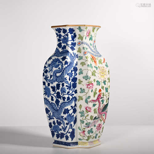 Blue and white porcelain vase with dragon and phoenix patterns