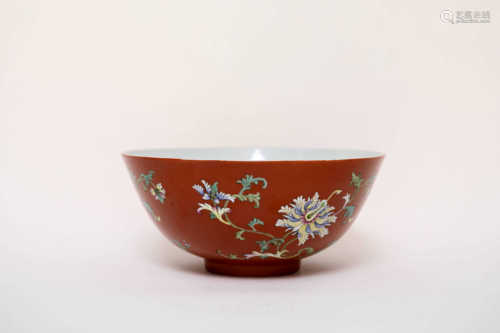 Red glaze and pink color flower pattern bowl