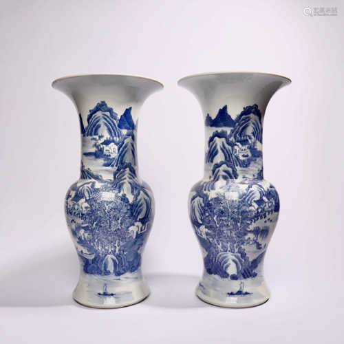 A pair of Phoenix tailed zuns with blue and white landscape patterns