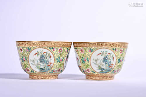 A pair of flower decorative bowls with yellow background