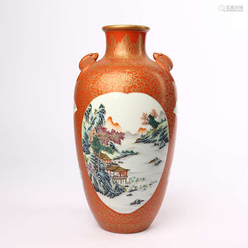 Double bat ear bottle with alum red painted gold window and landscape pattern