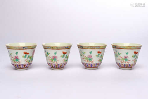 A group of famille rose flower decorative cups in Qing Dynasty