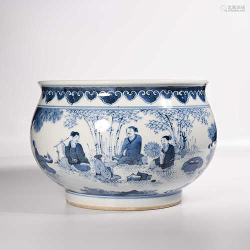 Incense burner decorated with blue and white figures and flowers