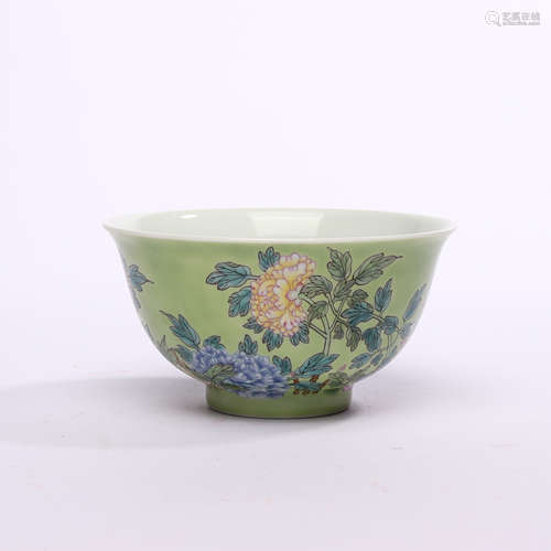 Green glaze pink flower bowl