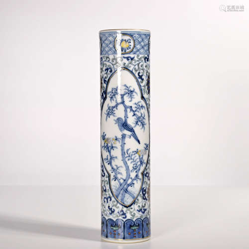 Blue and white incense cone decorated with flowers and birds