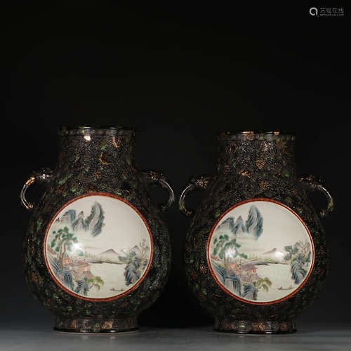 A Chinese Bronze Glaze Gild Landscape Painted Porcelain Double Ears Zun