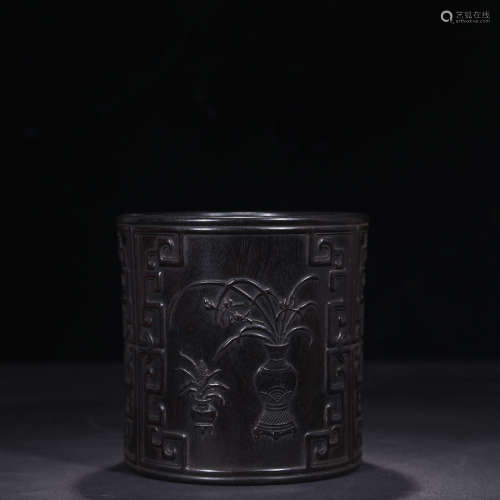 A Chinese Floral Carved Red Sandalwood Brush Pot