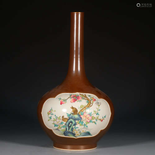 A Chinese Tea-Dust Glaze Famille Rose Painted Porcelain Vase