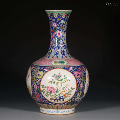 A Chinese Blue Ground Famille Rose Floral Porcelain Vase