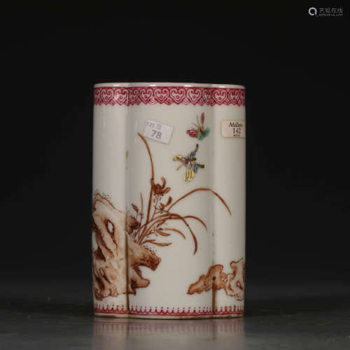 A Chinese Famille Rose Floral Inscribed Porcelain Brush Pot