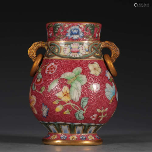 A Chinese Carmine Floral Double Ears Porcelain Vase