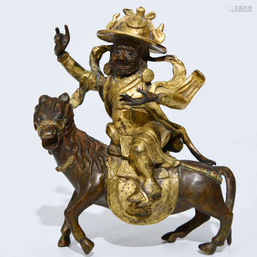 A Chinese Gild Bronze Statue of Dharmapala Riding a Horse