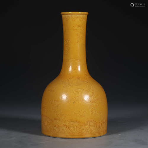 A Chinese Yellow Glaze Dragon Pattern Carved Porcelain Bell-shaped Zun