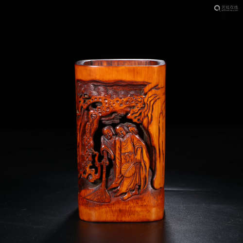 A Chinese Figure Story Carved Bamboo Brush Pot