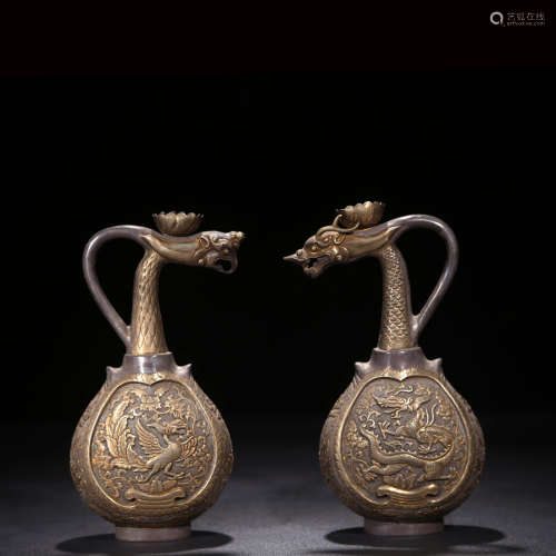 A Pair of Chinese Gild Silver Dragon and Phoenix Pots