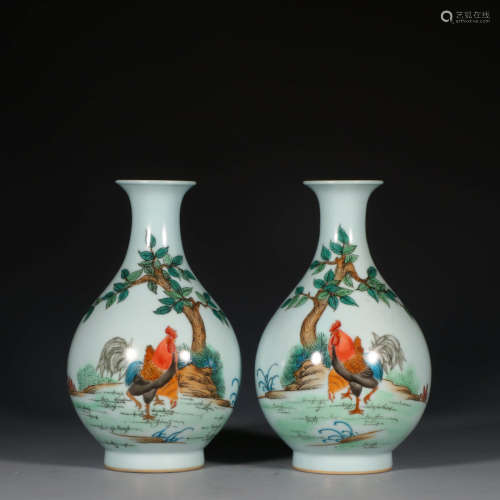 A Pair of Chinese Famille Verte Rooster Painted Porcelain Bottle Vase