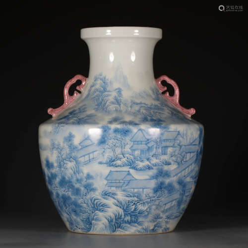 A Chinese Azure Landscape Painted Porcelain Double Ears Zun