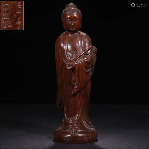 A Chinese Red Sandalwood Carved Guanyin Statue