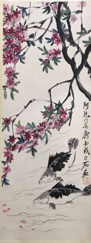A Chinese Peach Blossom and Mandarin Fish Painting