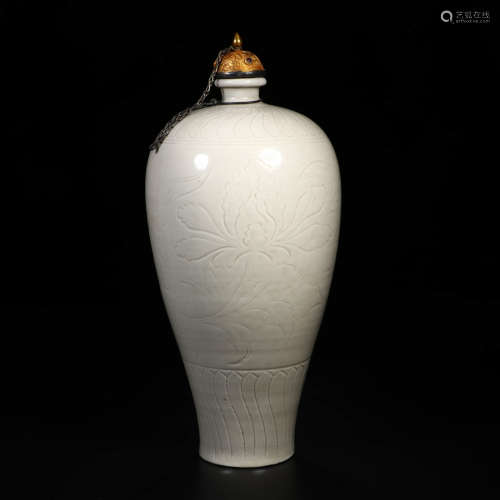 A Chinese Ding Kiln Floral Porcelain Vase With Gild Bronze Cover