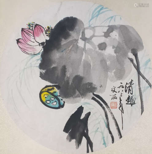 A Chinese Lotus Painting, Liu Wenxi Mark