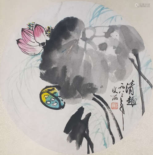 A Chinese Lotus Painting, Liu Wenxi Mark