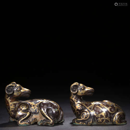 A Pair of Chinese Gold and Silver Inlaying Bronze Sheep Ornaments