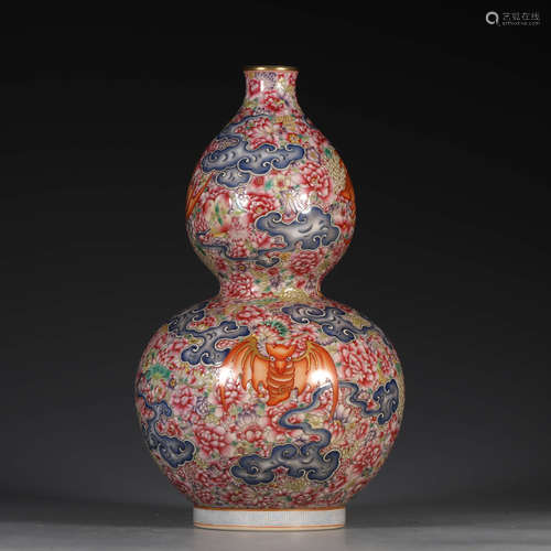 A Chinese Famille Rose Floral Porcelain Gourd-shaped Vase