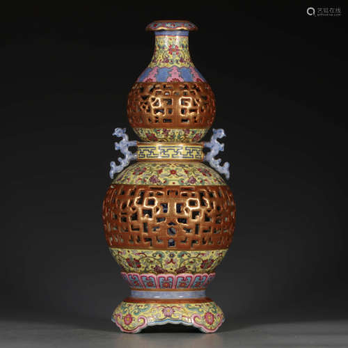 A Chinese Yellow Ground Famille Rose Floral Porcelain Piercing Gourd-shaped Vase