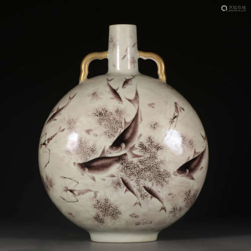 A Chinese Grisaille Fish and Algae Pattern Porcelain Double Ears Oblate Vase