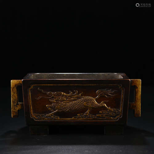 A Chinese Gild Bronze Double Ears Incense Burner