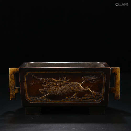 A Chinese Gild Bronze Double Ears Incense Burner