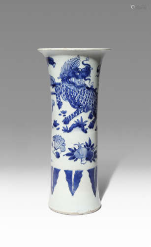 A CHINESE BLUE AND WHITE 'QILIN' SLEEVE VASE SHUNZHI 1644-61 The tall cylindrical body flaring at