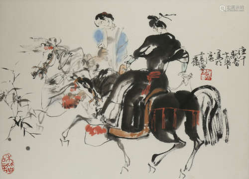 SHI DAWEI (1950-) FIGURES ON HORSEBACK A Chinese painting, ink and colour on paper, inscribed and