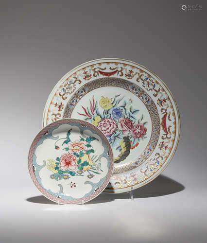 TWO CHINESE FAMILLE ROSE DISHES 18TH CENTURY The smaller dish decorated with a large spray of