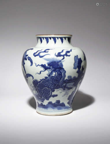 A CHINESE BLUE AND WHITE 'MYTHICAL BEASTS' BALUSTER VASE SHUNZHI 1644-61 Painted with a qilin,