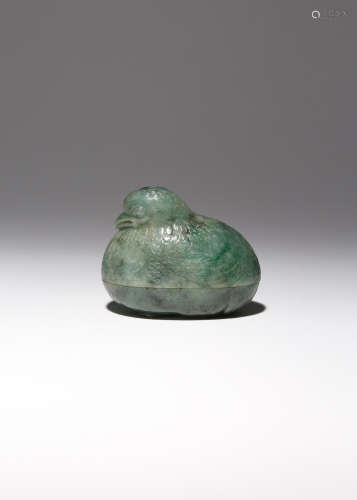 A CHINESE JADEITE 'QUAIL' BOX AND COVER LATE QING DYNASTY Formed as a seated quail, the bird