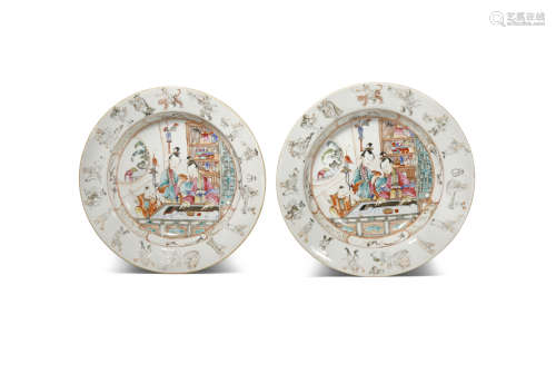 A PAIR OF CHINESE FAMILLE ROSE 'EIGHTEEN LUOHANS' DISHES QIANLONG 1736-95 Each painted to the centre