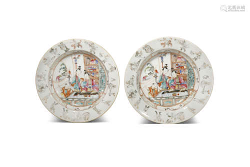 A PAIR OF CHINESE FAMILLE ROSE 'EIGHTEEN LUOHANS' DISHES QIANLONG 1736-95 Each painted to the centre