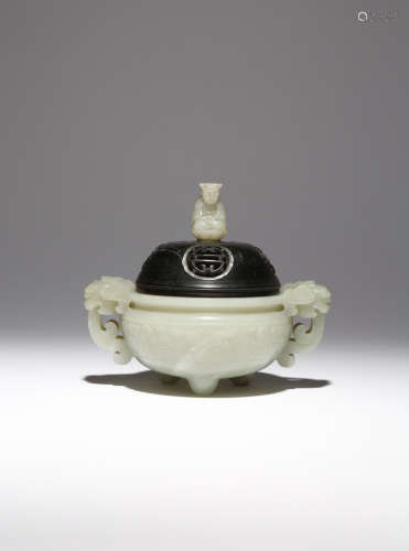 A CHINESE CELADON JADE TRIPOD INCENSE BURNER QING DYNASTY Carved to the exterior with a band of