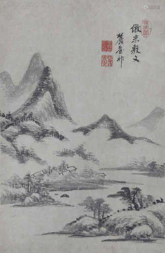 ATTRIBUTED TO WANG YUANQI LANDSCAPE AFTER MI FU A Chinese scroll painting, ink on paper, the title-