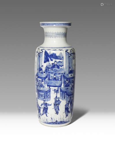 A CHINESE BLUE AND WHITE 'WATER MARGIN' ROULEAU VASE KANGXI 1662-1722 Painted with a scene from