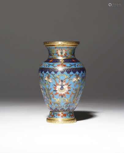A SMALL CHINESE CLOISONNE 'LOTUS' VASE FOUR CHARACTER QIANLONG MARK AND OF THE PERIOD 1736-95 The