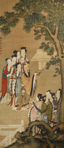 AFTER TANG YIN (19TH CENTURY) BEAUTIES IN A GARDEN A Chinese scroll painting, ink and colour on